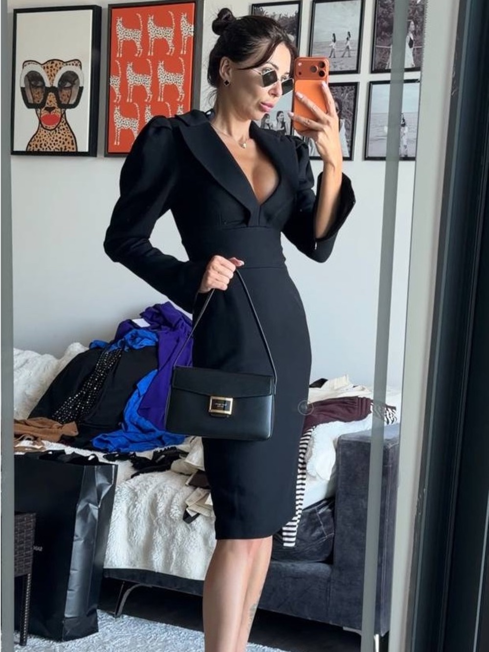Black V-Neck Puff-Sleeve Midi Dress